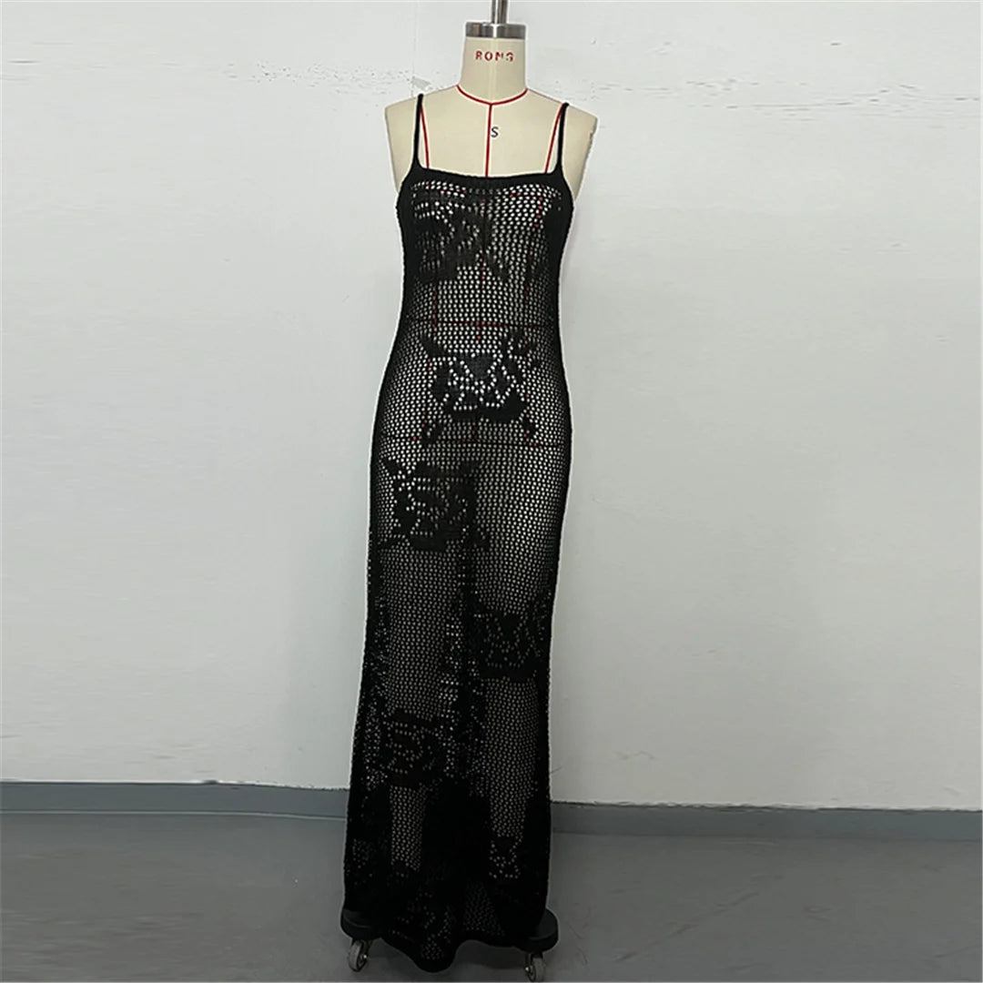 Women's Hollow Out Sleeveless Crochet Knitted Tunic Beach Cover Up Long Beach Dress