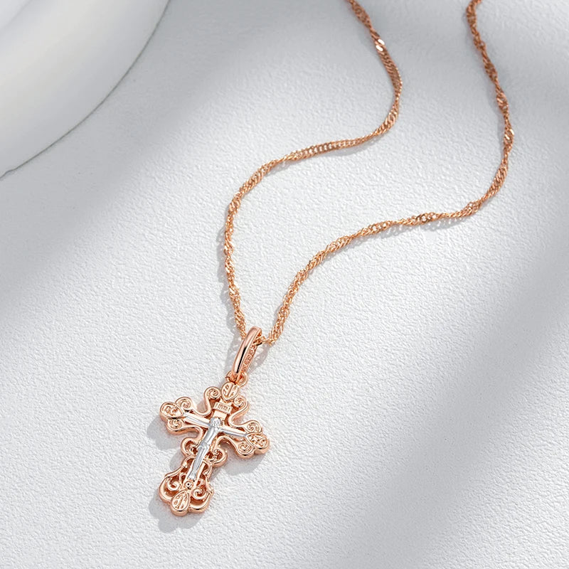 Unisex Orthodox Church Cross Pendant Necklace 585 Rose Gold Silver Colour