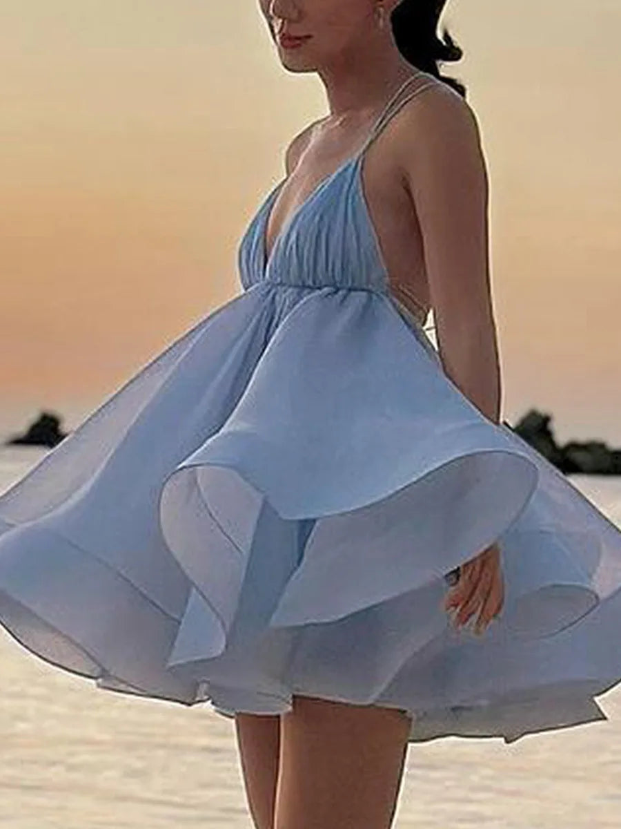 Women's A-Line Backless Mini Dress - V-Neck Bandage Summer Beachwear