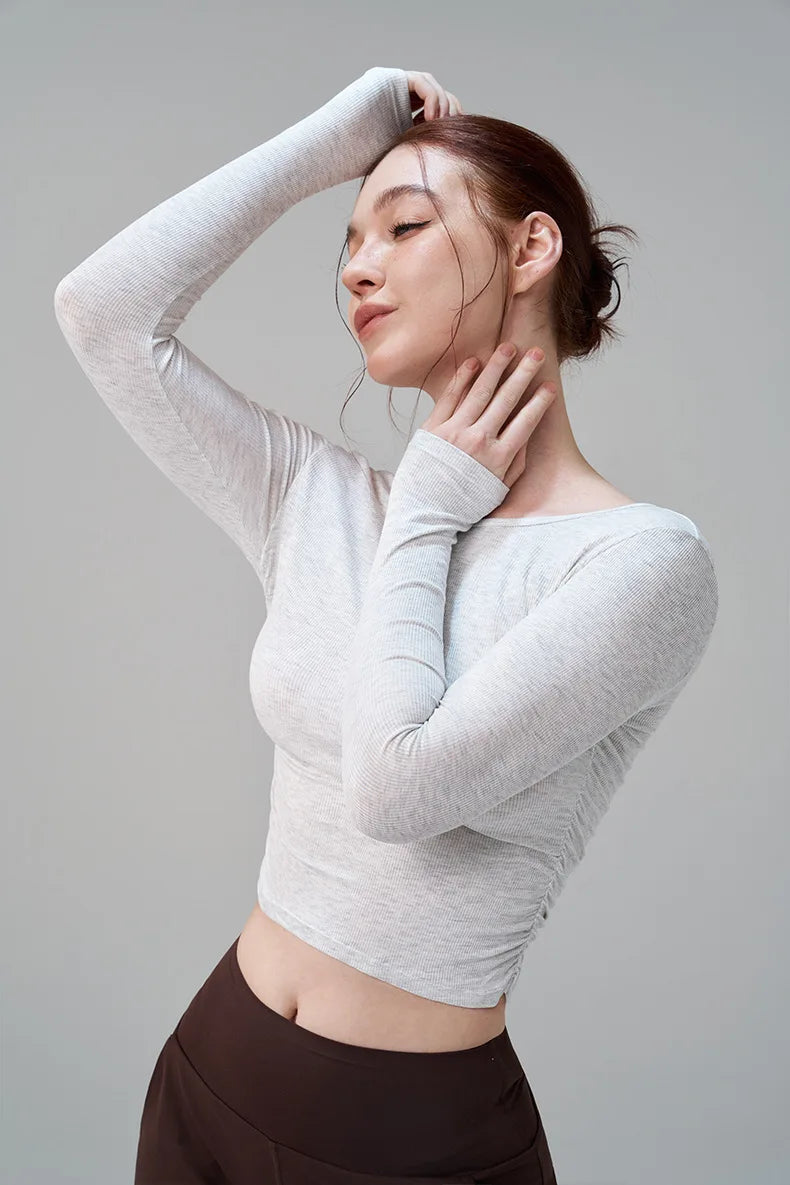 Ribbed Gym Top - Long Sleeve Drape Sides Yoga Shirt with Dry Fit