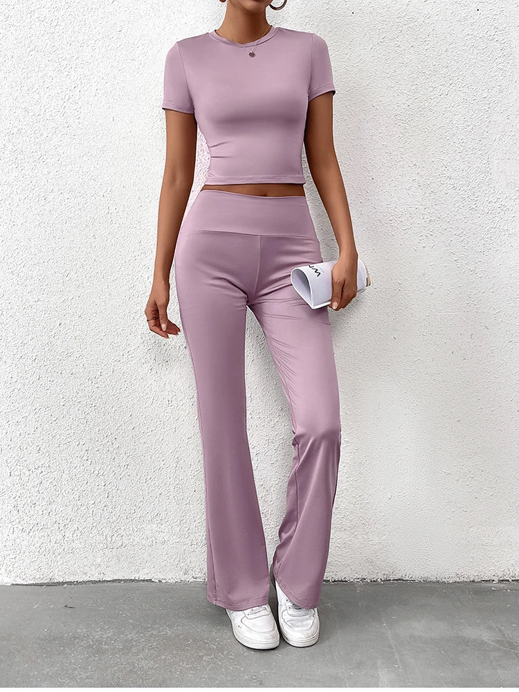 Women's Two-Piece Yoga Set - Short Sleeve T-Shirt & Straight Pants
