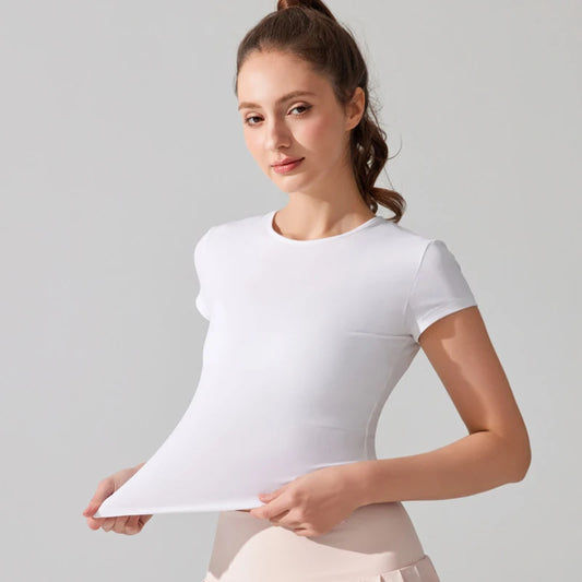 Women's Summer Short Sleeve Yoga T-Shirt  Solid Color Slim Fit Gym Running Top Round Neckline Breathable Quick Dry Fitness Sportswear