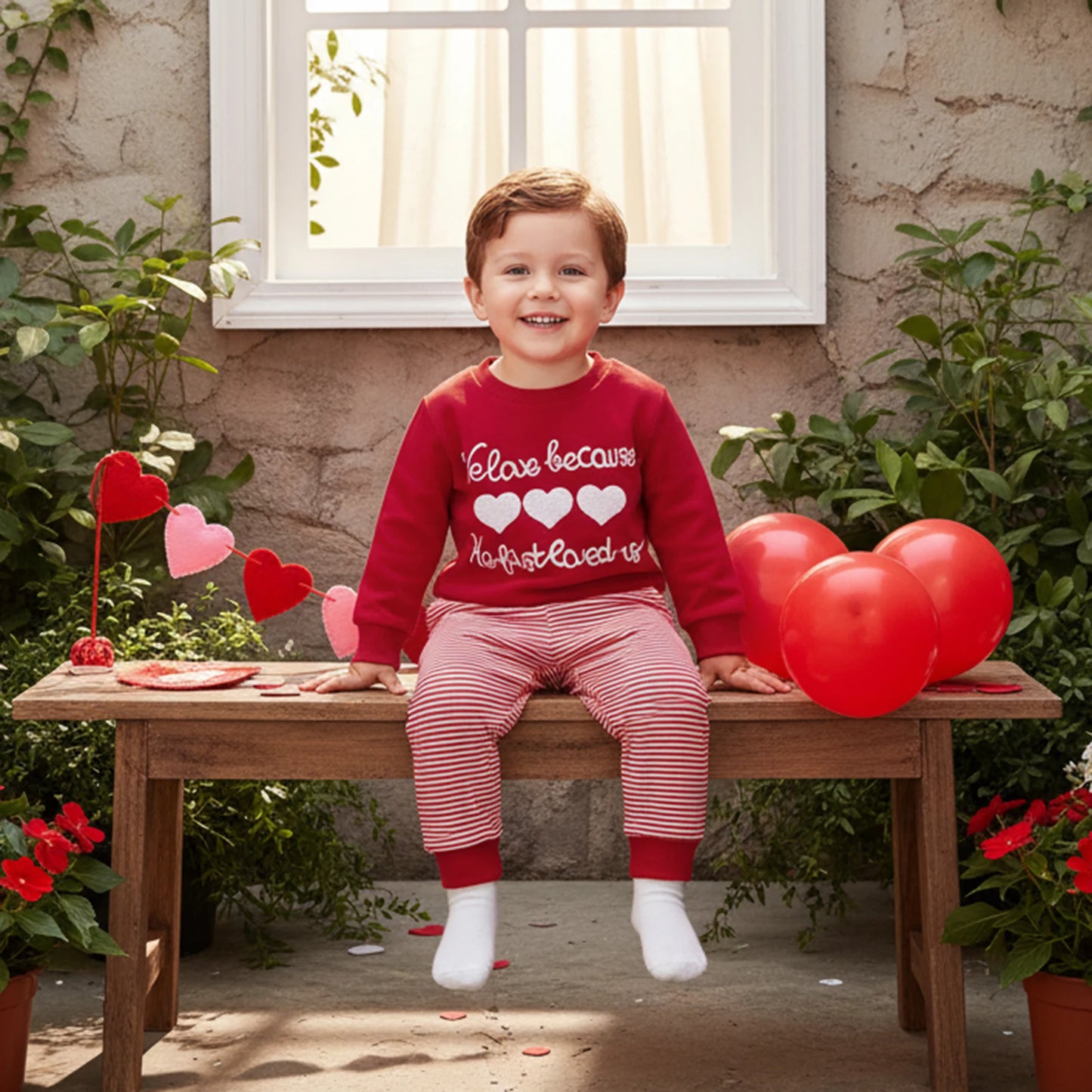 Valentine's Day Baby Boys Outfit Set - Heart Embroidery Sweatshirt & Stripe Pants