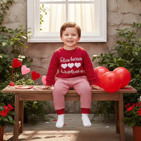 Valentine's Day Baby Boys Outfit Set - Heart Embroidery Sweatshirt & Stripe Pants