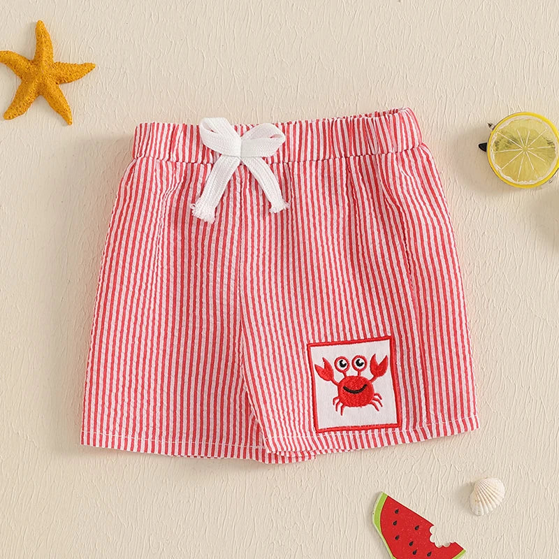 0-4Y Toddler Baby Boys Summer Casual Stripe Crab Embroidery Elastic Waist  Shorts
