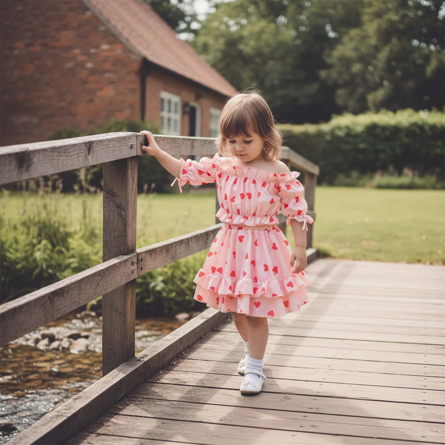 Valentine's Day Girls Outfit Set - Heart Print Off Shoulder Top & A-Line Skirt