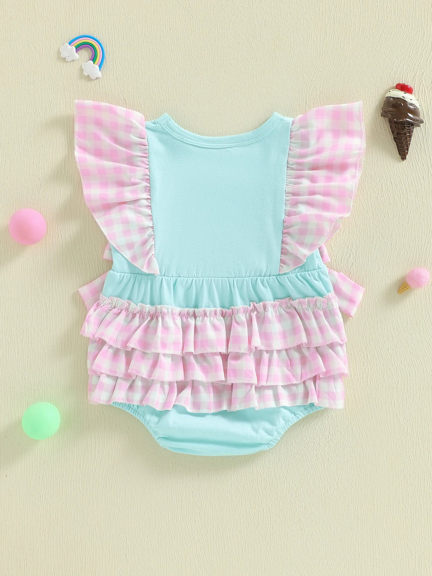 Baby Summer Romper - Plaid Flutter Sleeve Ice Cream Embroidery Jumpsuit