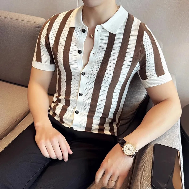 Men's Summer Striped Knit Lightweight Slim Fit  Turn Down Collar Short Sleeve Shirt