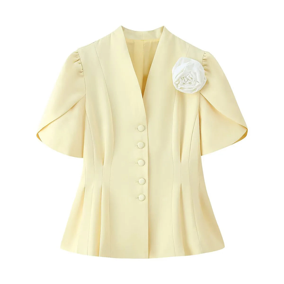 Women's Floral V-Neck Suit Jacket - Waist Cinching Short Sleeve Blazer with Handmade Details