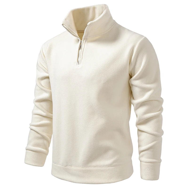 Men's Half Zipper Fleece Stand Collar Hoodie Solid Color Warm Loose Pullover