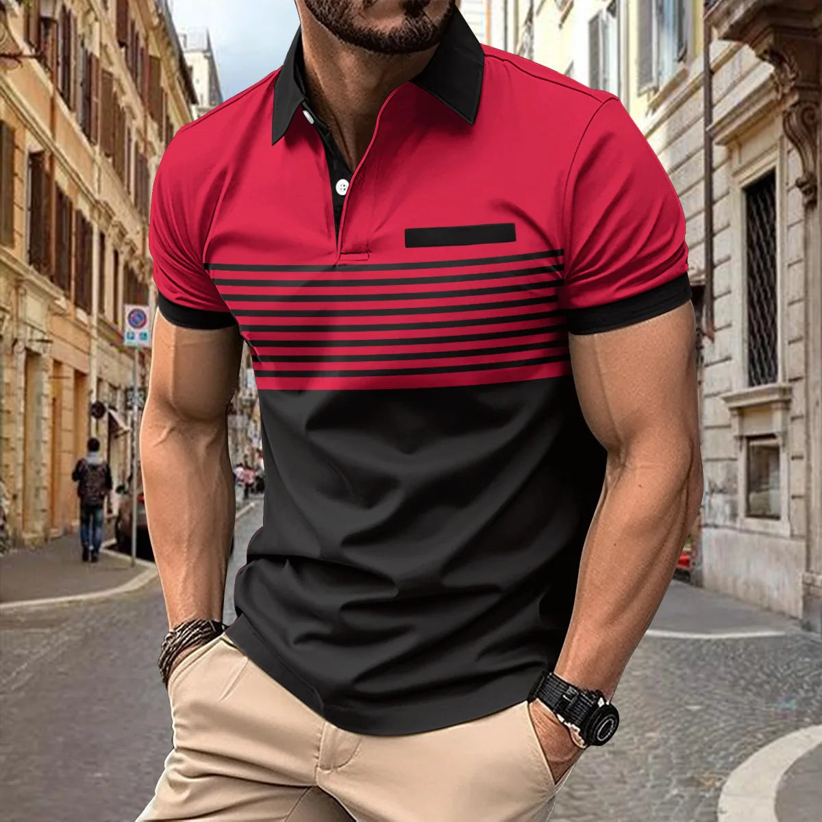Men's Summer Polo Patchwork Short Sleeve Smart Casual Striped Turn Down Collar Shirt