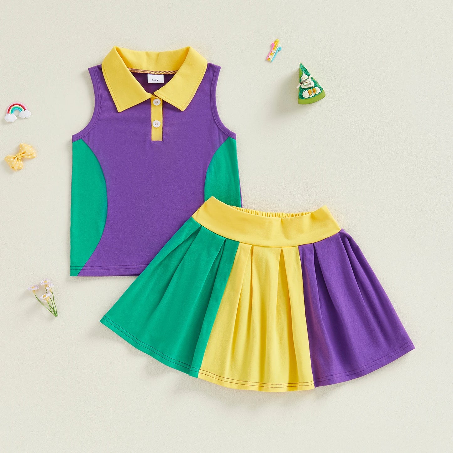 Girls Mardi Gras 2-Piece Outfit - Contrast Lapel Tank Top & Skirt Set