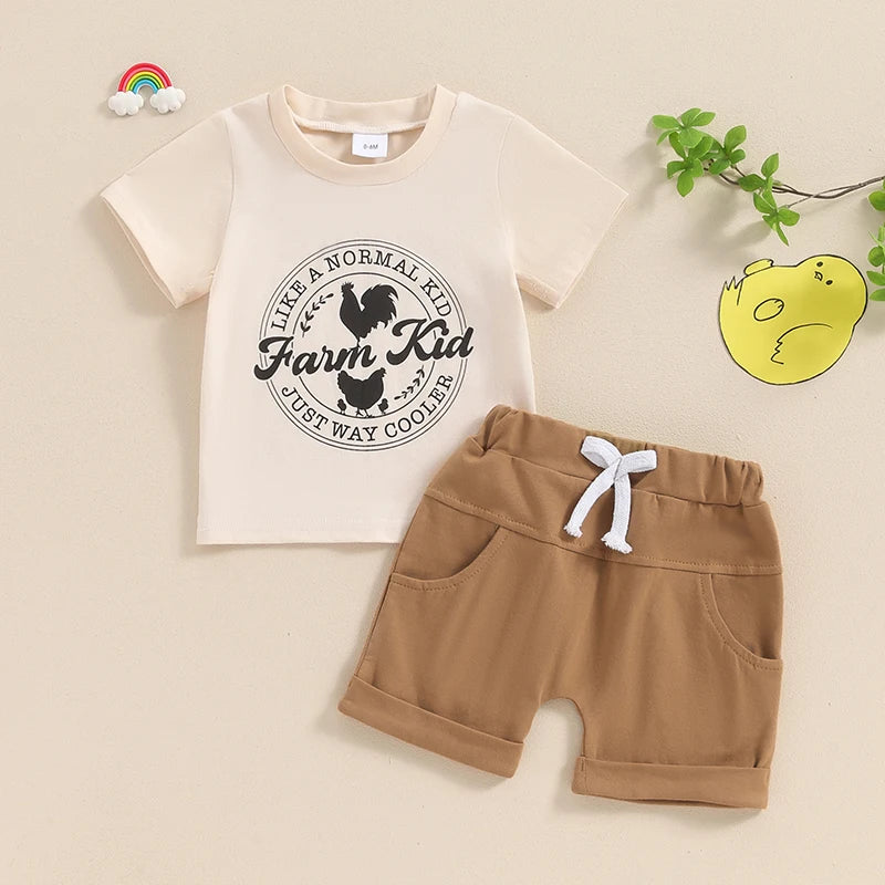 0-3Y Infant Baby Boys Summer Clothes Sets - 2pcs Short Sleeve Letter Farm Print Tops and Drawstring Shorts