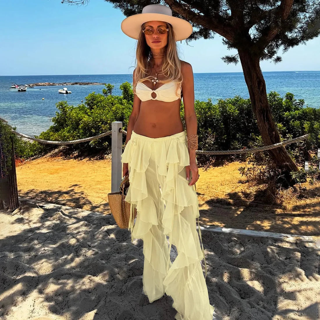 Women's Ruffled Tie Detail Flared Pants - Mesh Sheer Stretch Trousers