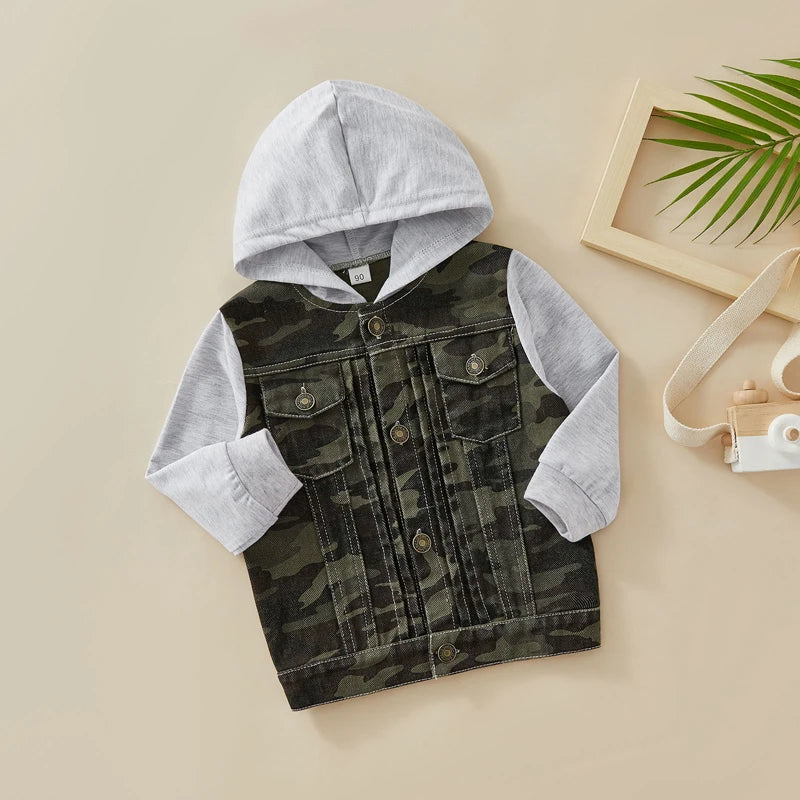 1-6Y  Kids Boys Autumn Jacket Outwear  Denim Solid /Camouflage Patchwork Hooded Jacket