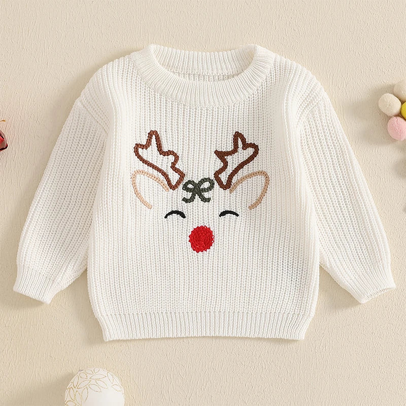 0-3Y Toddler Baby Boys Girls Christmas Sweater - Reindeer Embroidery Long Sleeve Round Neck Knitwear Pullover