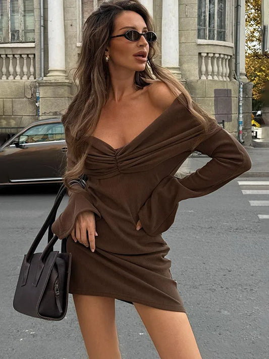 Women's Retro One-Shoulder Slim Flare Sleeve Ruched Mini High Waist Dress