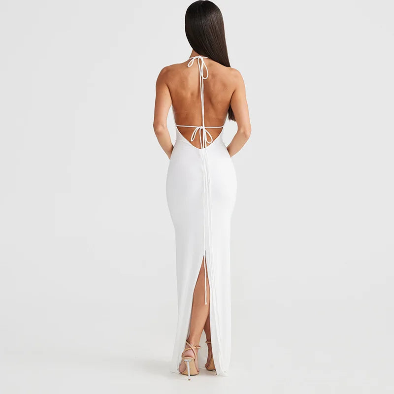 Women's Halter Backless Ruched Maxi Dress - Women Tie Detail Sleeveless Split Bodycon Dress