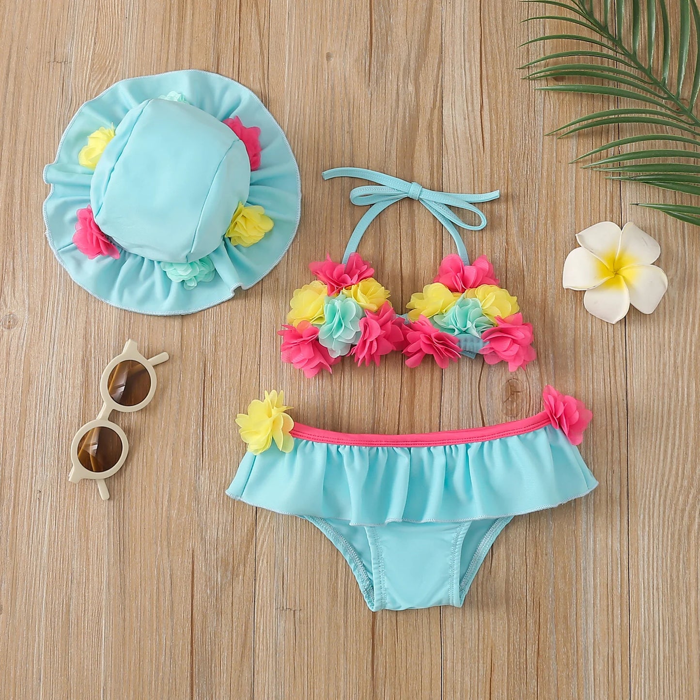 0-24M Summer Baby Girls Bikini Set - 3pcs Flowers Strap Sleeveless Vest and Shorts Sun Hat Swimsuits