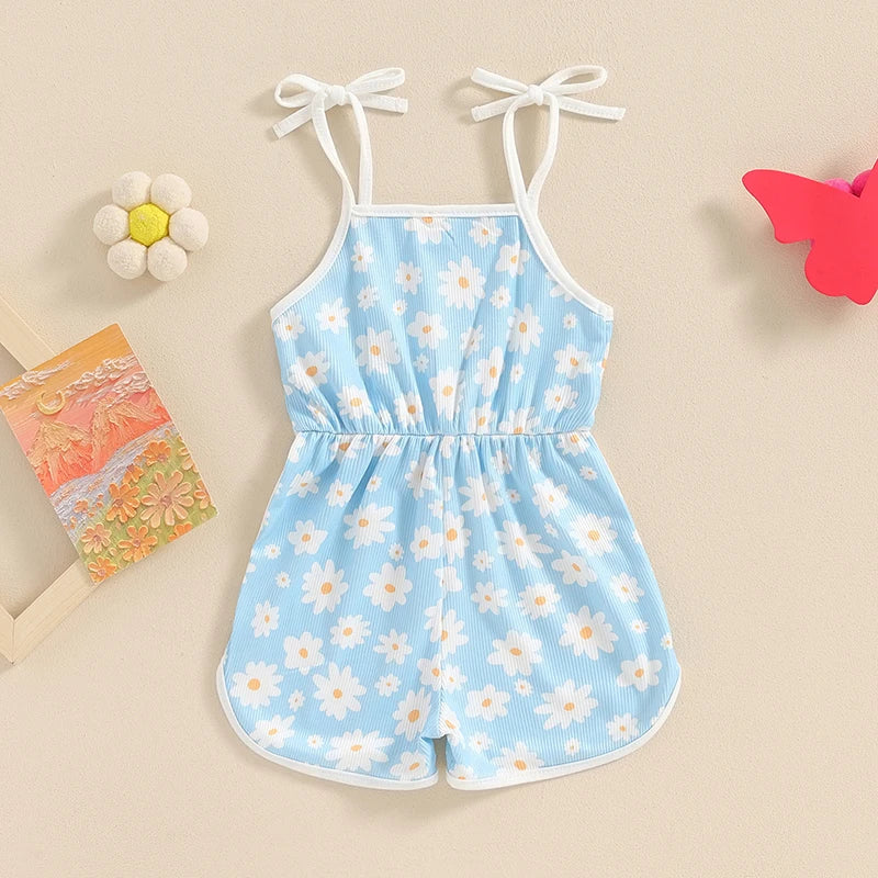 0-5Y  Kids Girls Summer Jumpsuit Shorts 4 Colours Sleeveless Square Neck Floral Print Romper Playsuits