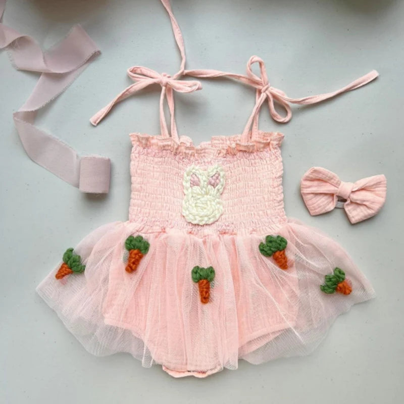 Baby Girls Easter Romper Dress with Headband - Rabbit Carrot Embroidery Tulle Jumpsuit