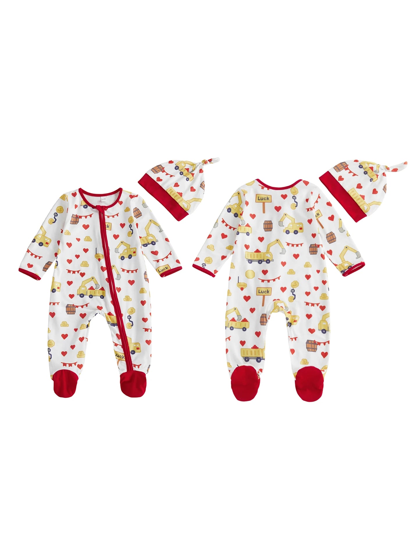 Baby Boys Girls Valentine's Day Romper Set - Excavator Heart Print Jumpsuit with Hat 0-18M