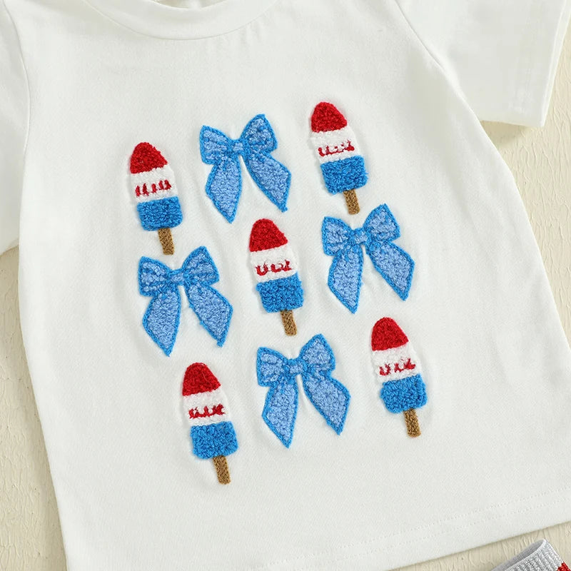 0-6Y Kids Girls American Flag Clothes Sets Bow Embroidery Short Sleeve T Shirt Mesh Lace Skirt Headband