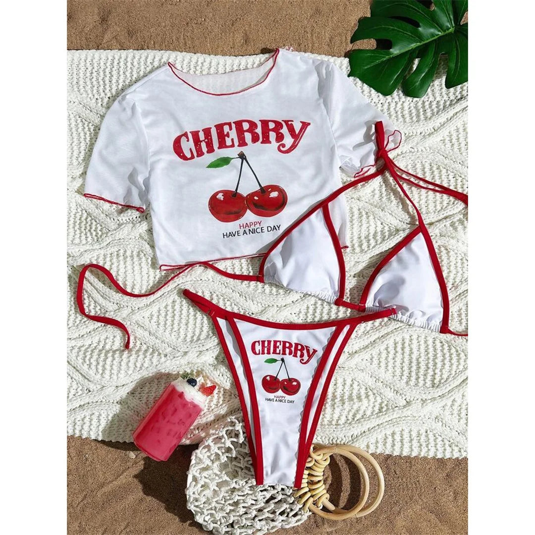 Women's Cherry Printed Short Sleeve Bikini Swimsuit Swimwear Three-pieces Bikini Set