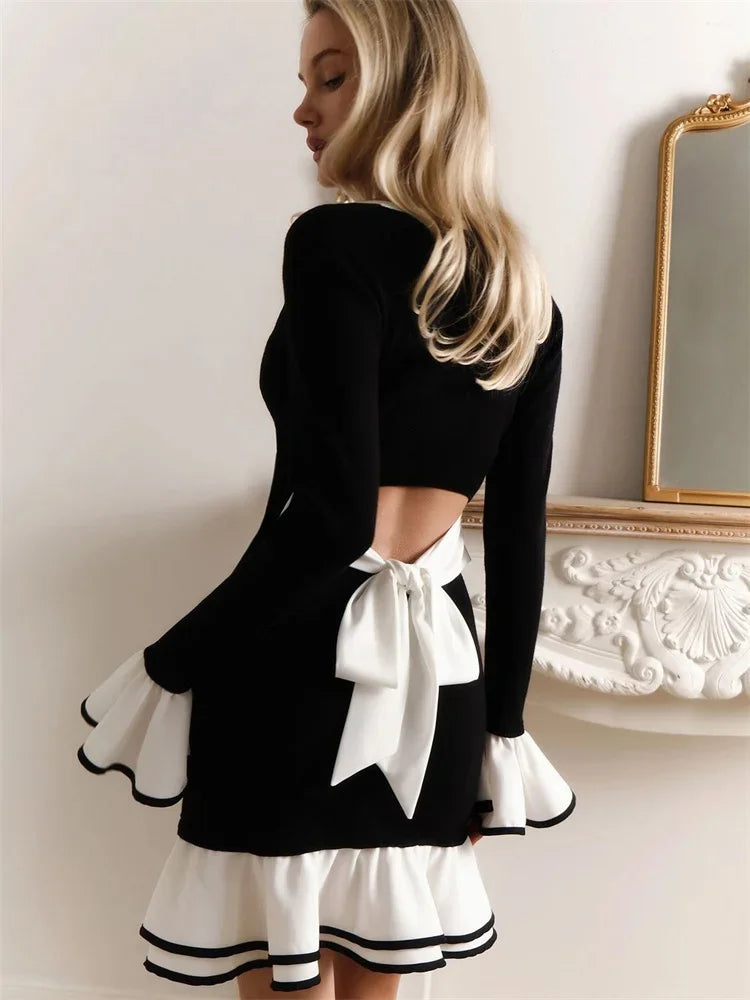 Women's Ruffled Backless Bow Mini Slim High Waist Dress