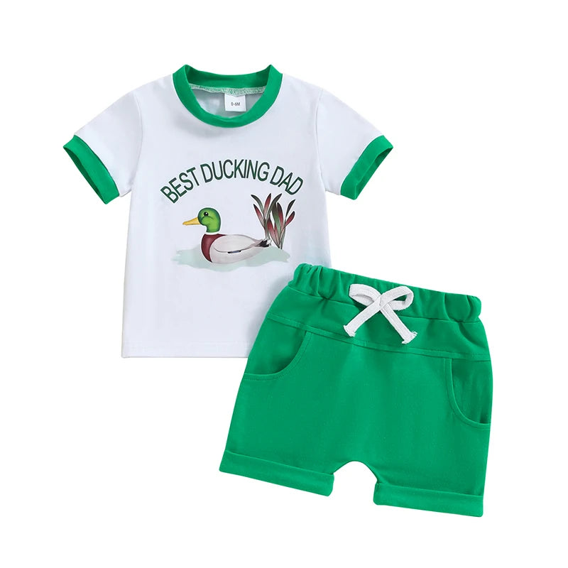 0-3Y Toddler Baby Boys Summer Clothes Sets Short Sleeve Letter Duck Print Tops and Drawstring Shorts Set