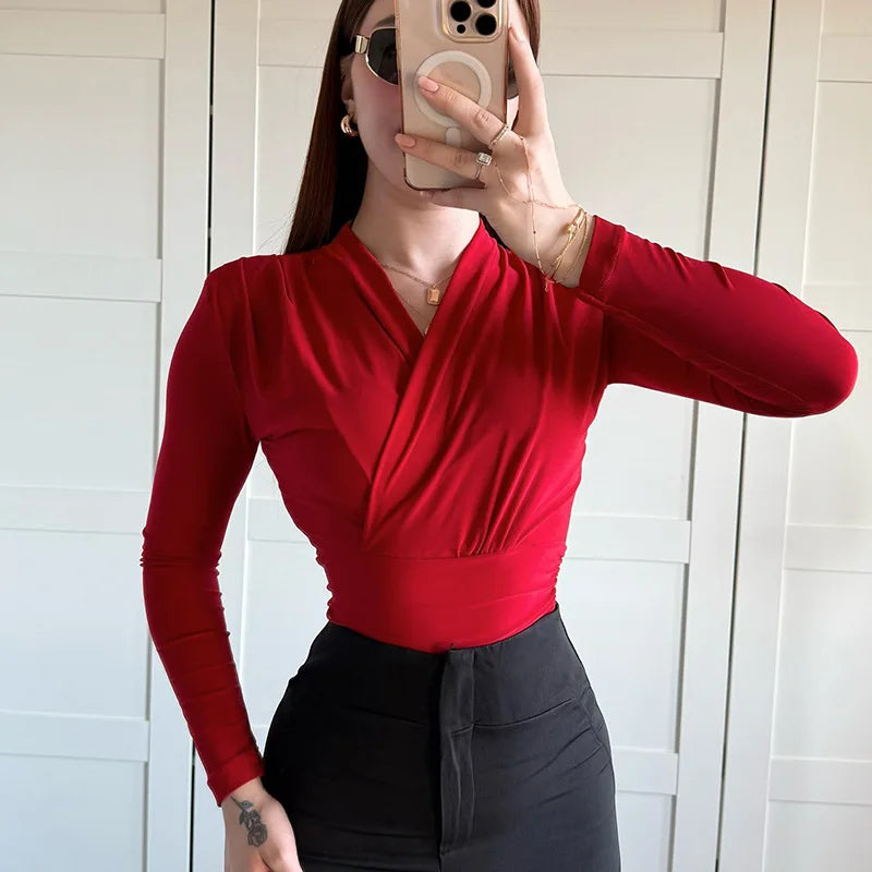 Women's Cross-Neck Slim Long Sleeve Elegant Ruched Top