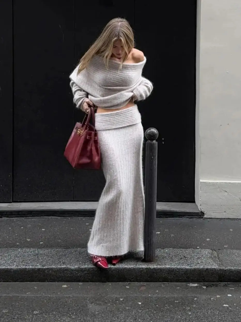 Women's Off Shoulder Warm Sweater Co-ords Maxi Skirt Set - A Line Long Skirt Long Sleeve Bandage Top Dress