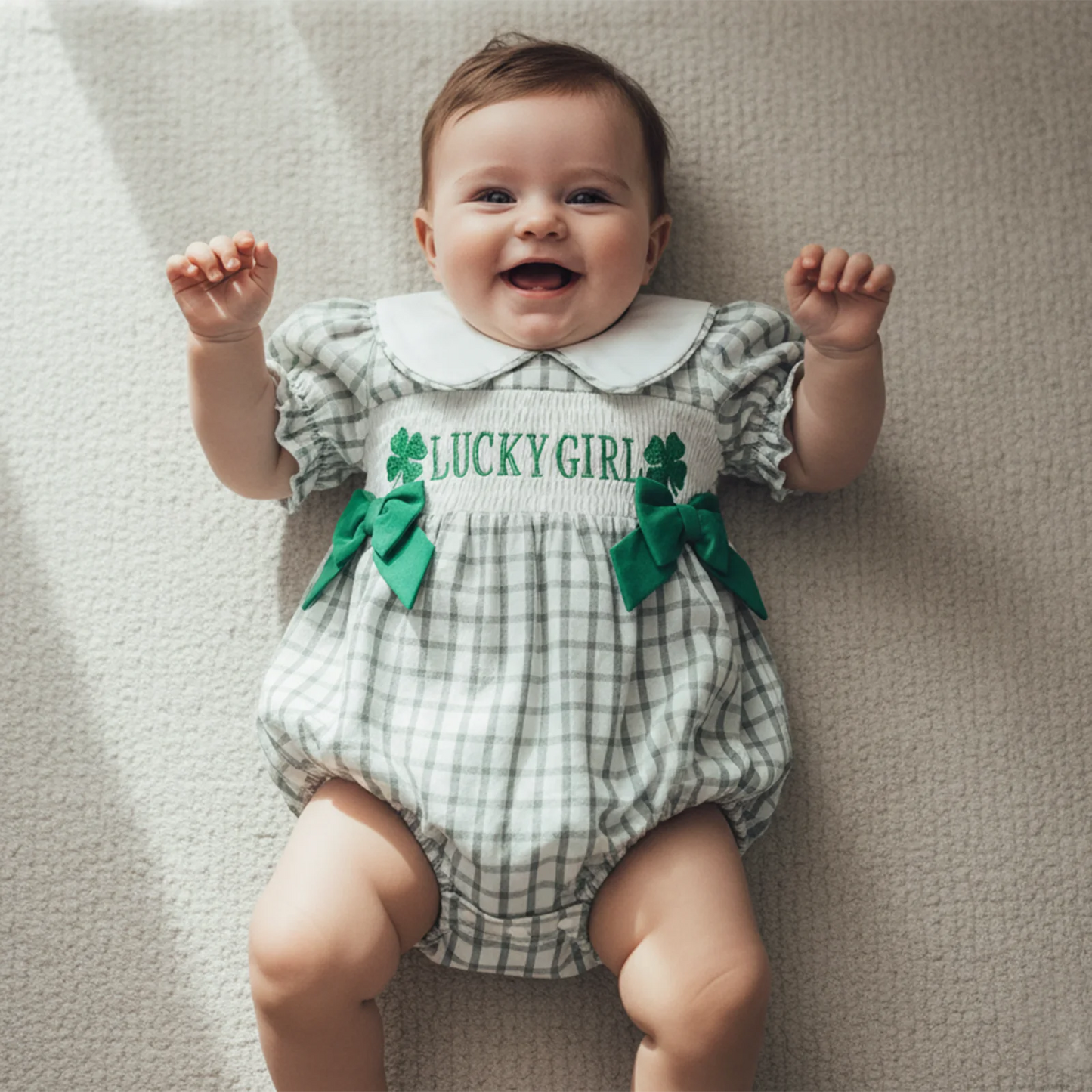 Newborn Baby Girls Boys Irish Plaid Clover Embroidered Short Sleeve Doll Collar Romper