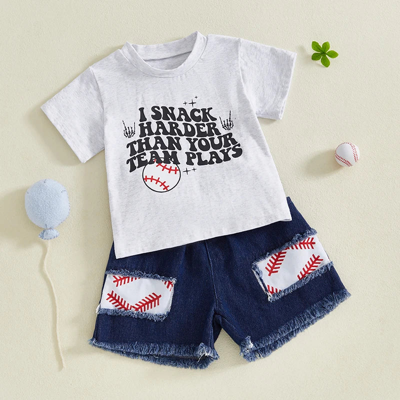 0-4Y Children, Kids Boys Summer Clothes Sets Letter Baseball Print Short Sleeve T-Shirt with Denim Shorts Outfit