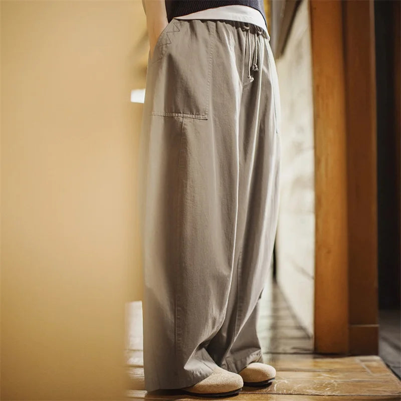 Women's Wide Leg Cargo Trousers - Khaki Elastic Waist Pocket Pants