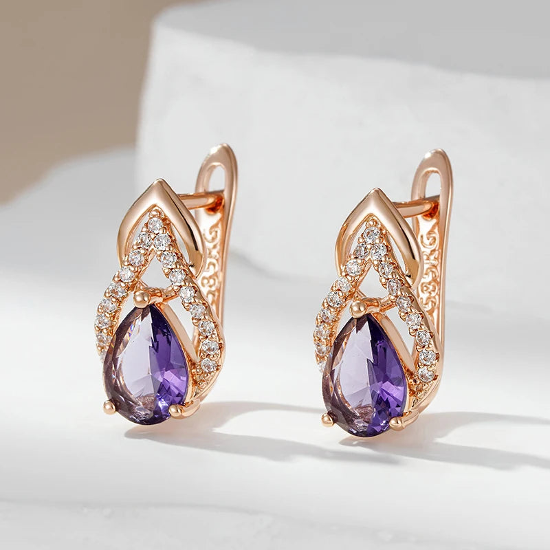 Women 585 Rose Gold Vintage Sparkling Purple Water Drop Natural Zircon Earrings