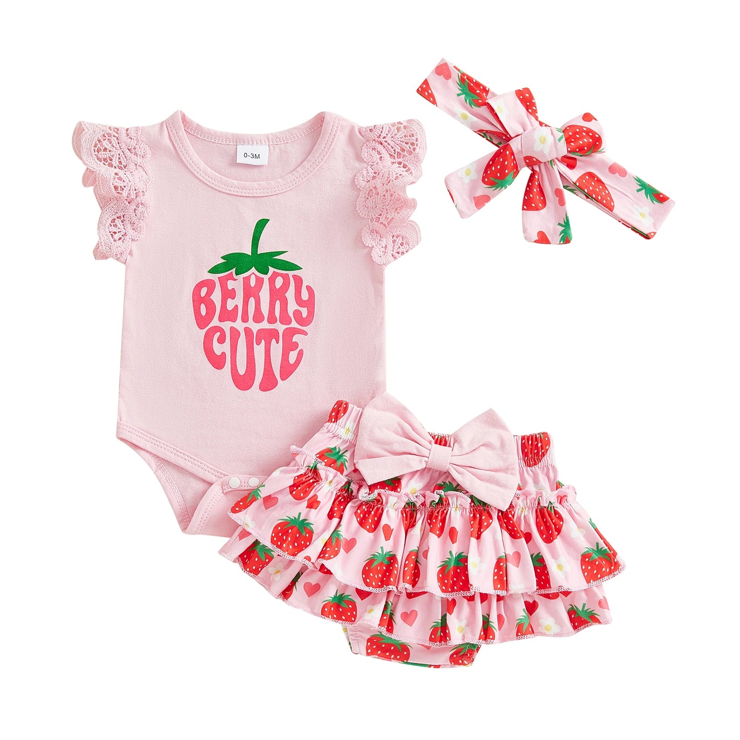 0-18M Baby Girls Summer Clothes Sets Flying Sleeves Letter Fruit Print Romper Tiered Ruffled Shorts with Headband