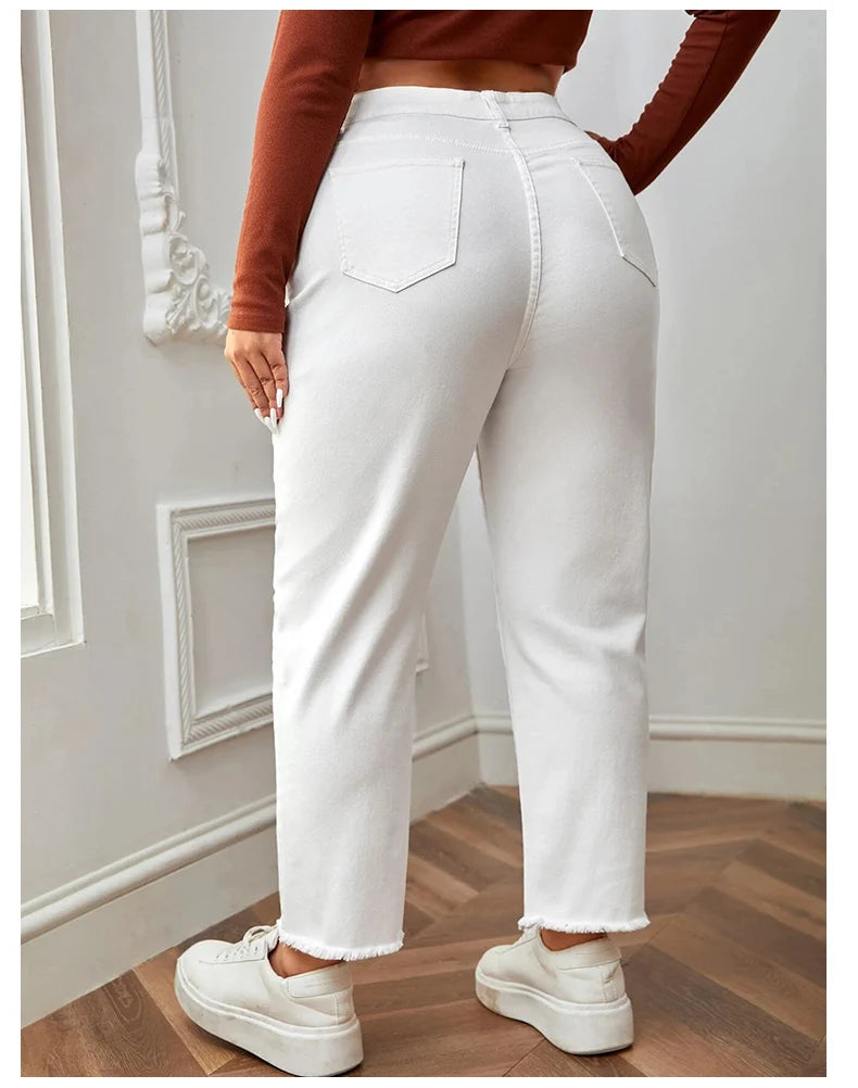 Women Plus Size White  Full Length High Waist Stretchy Denim  Jeans