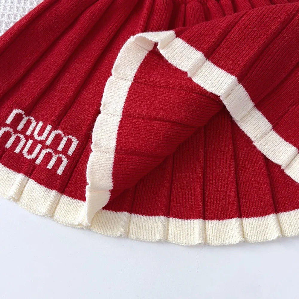 Girl's Diamond Grid Wave Knitted Sweater and Skirt 2-piece Set