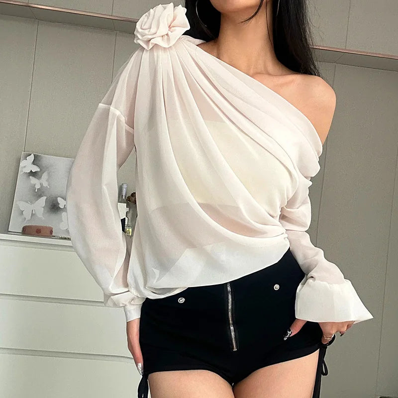 Women's Folds Flower Cover Up Mesh Sheer Long Sleeve Oversized  See Through Cover-up Shirt