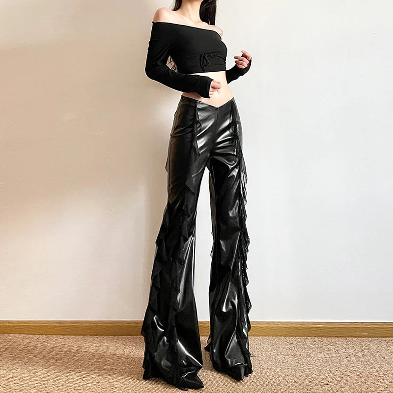 Women's Mesh Splicing PU Flare High Waist Slim Fit Black Long Trousers