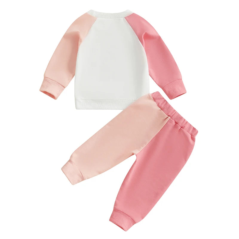 0-5Y Kids Girls Birthday Clothes Set Colour Patchwork Long Sleeve Letter Print Sweatshirt with Pants