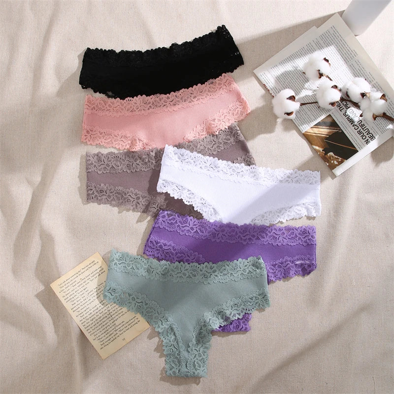 5PCS Women Cotton Lace Underwear Low Waist Briefs Breathable G-String Lingerie