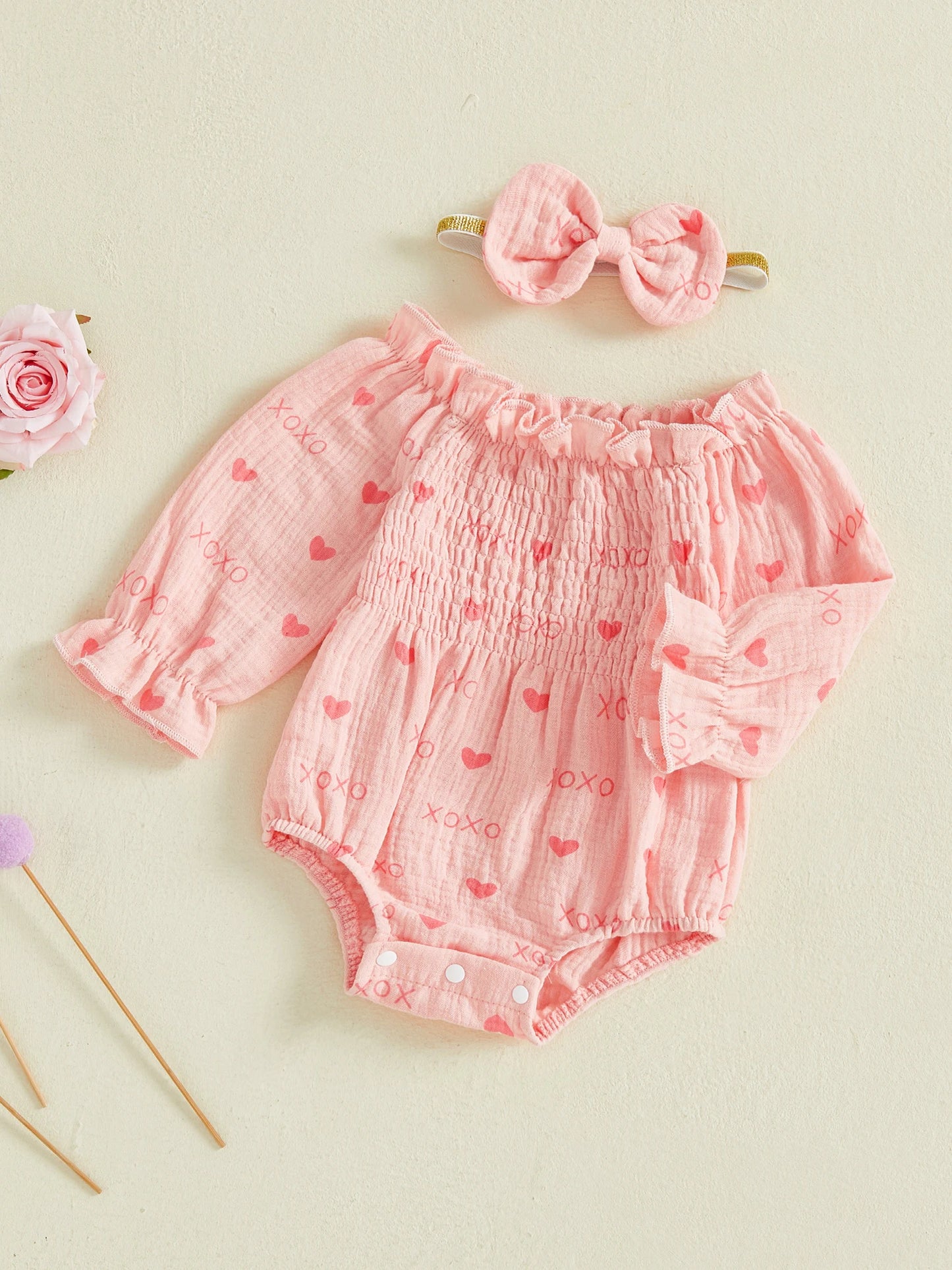 Baby Girls Valentine's Day Romper - Heart Print Smocked Jumpsuit with Headband 0-18M
