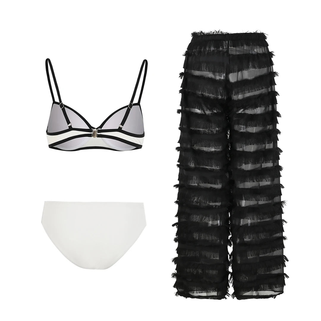 Women's Strapless Tie-Flower Crop Top & High Waist Wide Leg Trousers Set