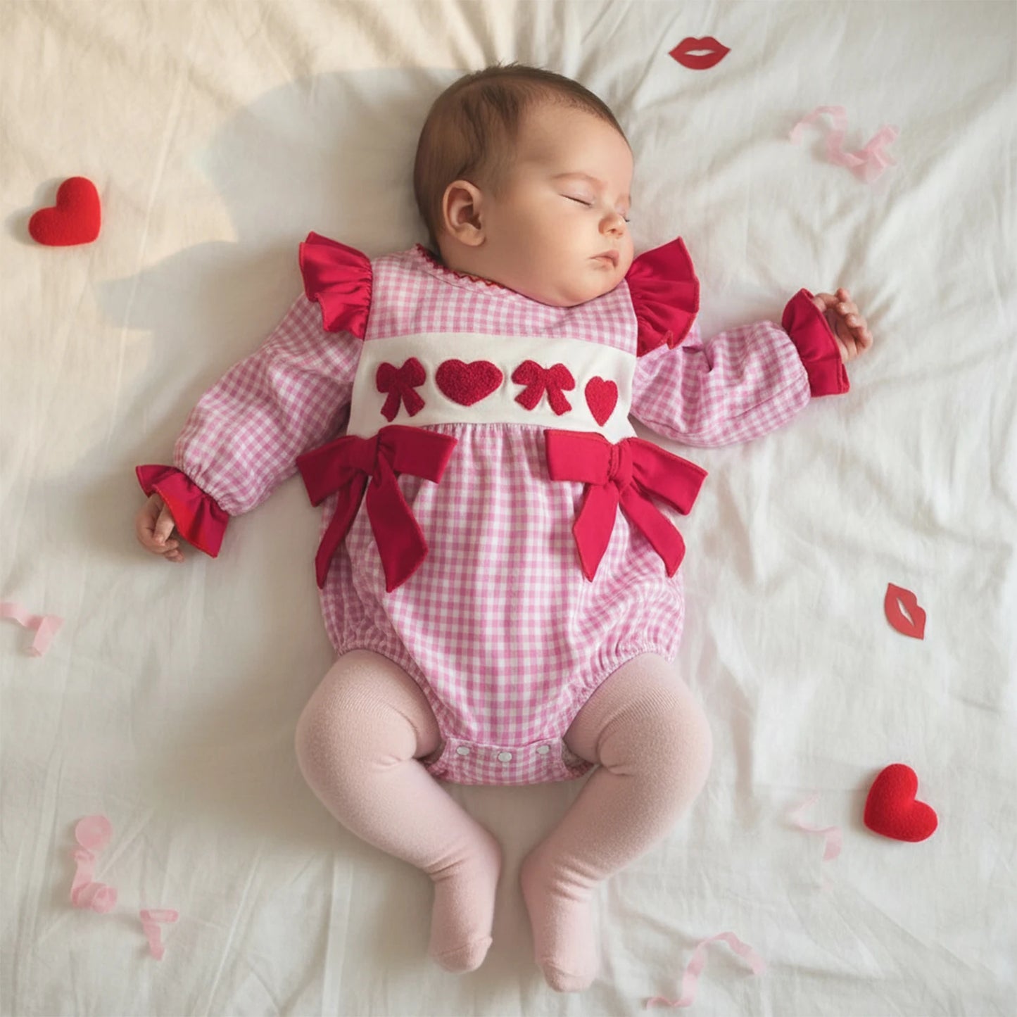Baby Girls Boys Valentine's Day Plaid Print Bow Heart Embroidered Long Sleeve Romper