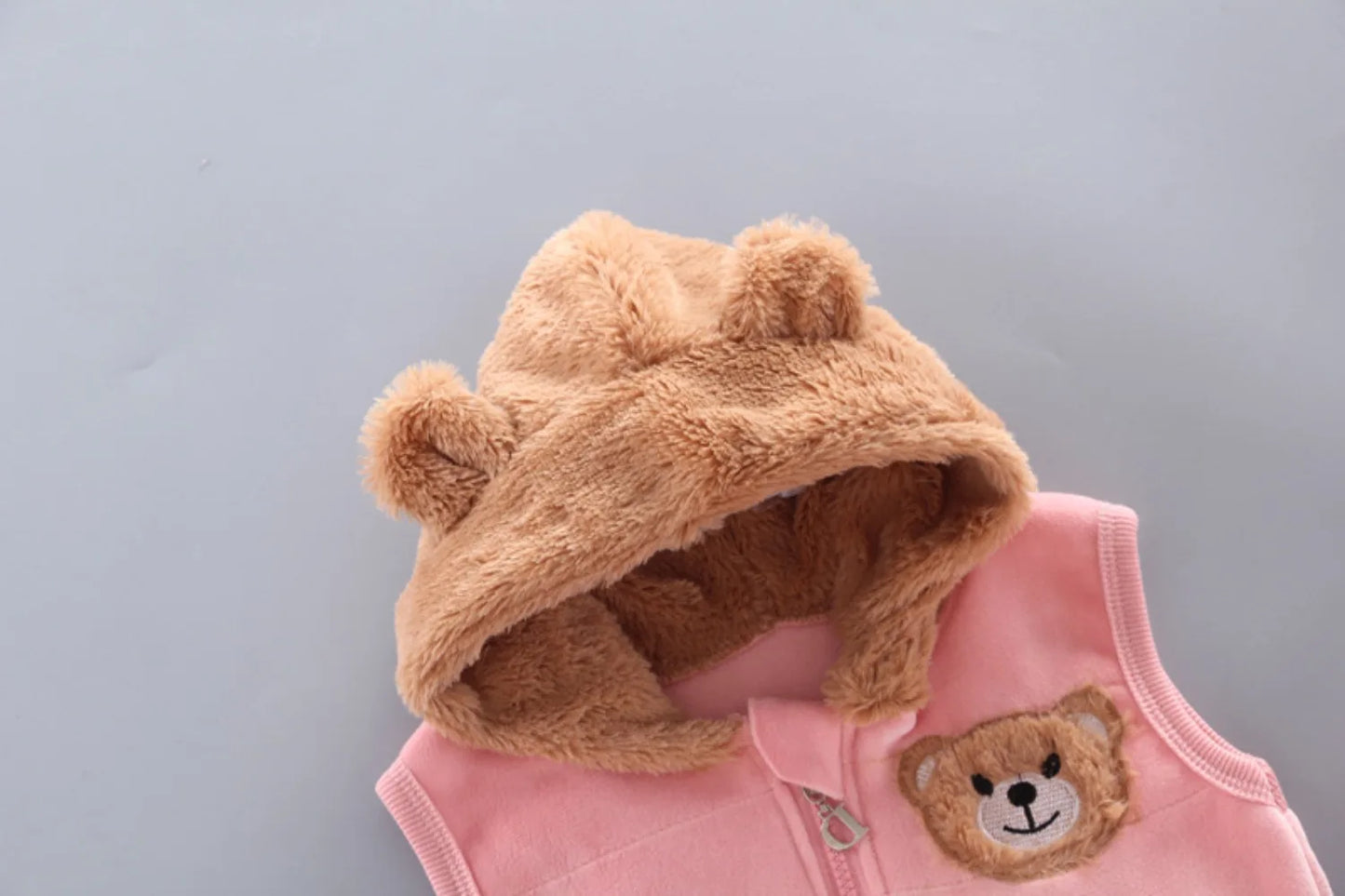 Children's Plush Warm Sports Three piece Set Little Bear Hooded Set Vest Long sleeved Sweater Set