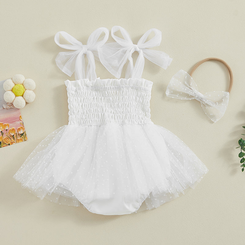 Baby Girls Princess Romper Dress Set - Sleeveless Dot Mesh Tulle with Hairband