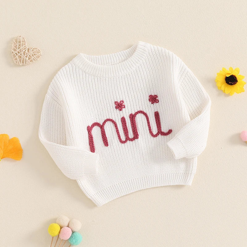 Mommy and Me Matching Baby Girls Sweaters 0-6Y Ribbed Long Sleeve Letter Embroidery Knit Top