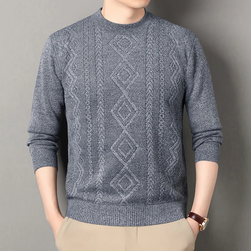 O-Neck Fleece Pullover - Thick Knitted Geometric Sweater